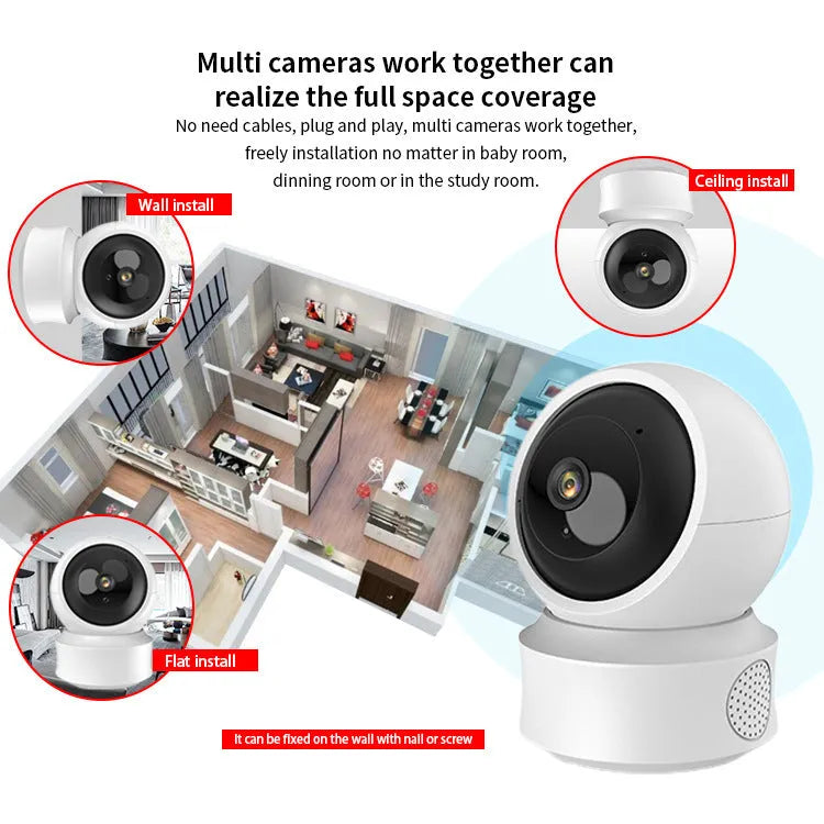 Wireless WiFi indoor surveillance camera with 360-degree panorama, night vision, and voice intercom, 135 x 104 x 98mm