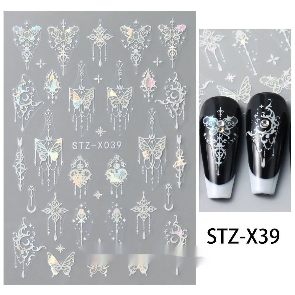 Cartoon-themed nail art sticker sheet with black and silver strip patterns and love motifs