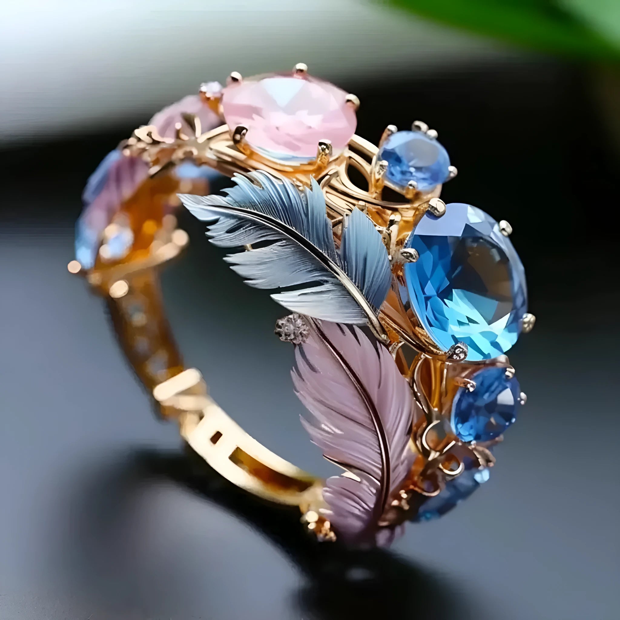 Gold geometric brass ring with colourful embossed feather design and zircon inlay