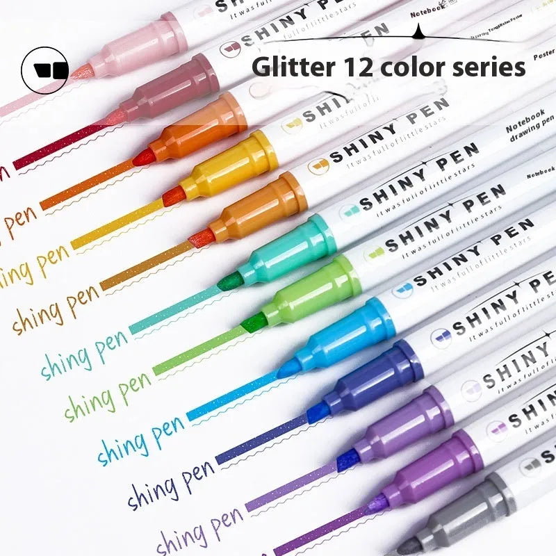 Four glitter highlighter pens with slanted tips in assorted fluorescent colours on a white background.