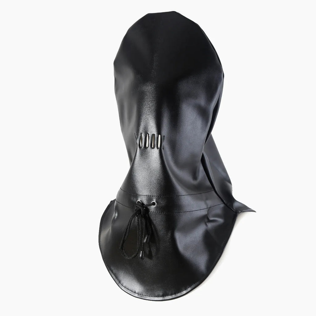 Black PU leather adult roleplay face mask with adjustable straps on a model