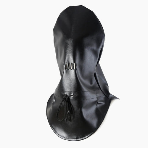 Black synthetic leather face mask for adult training with adjustable straps.