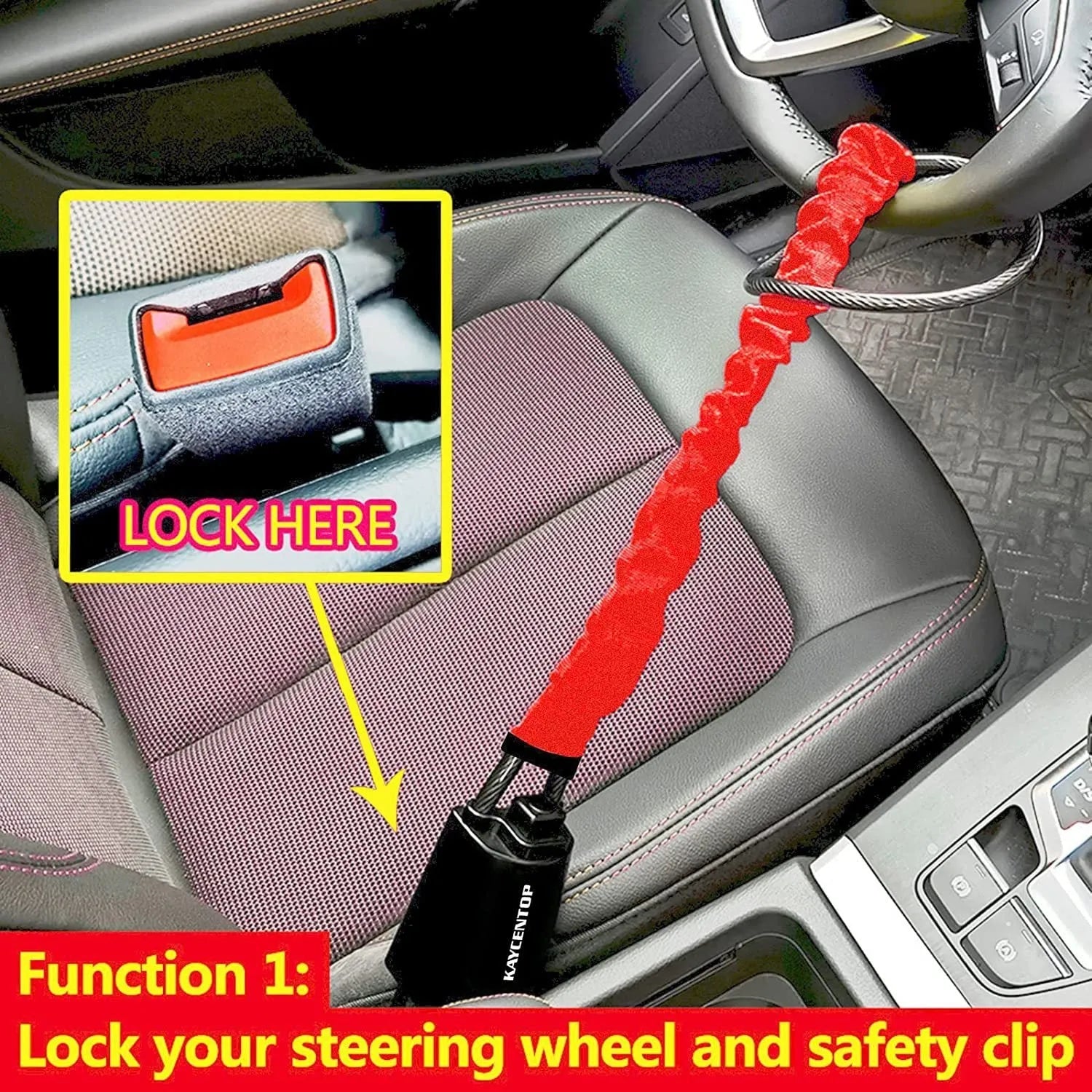 Red iron car steering wheel lock for General Motors vehicles on a steering wheel.