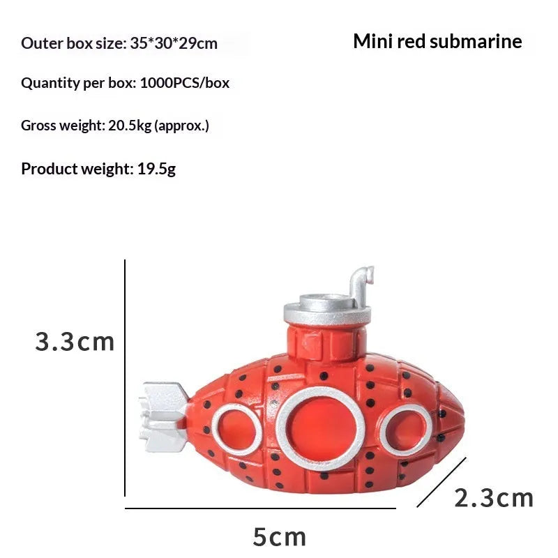 Mini PVC submarine aquarium ornament in red, sized 4-7cm, for fish tank landscaping