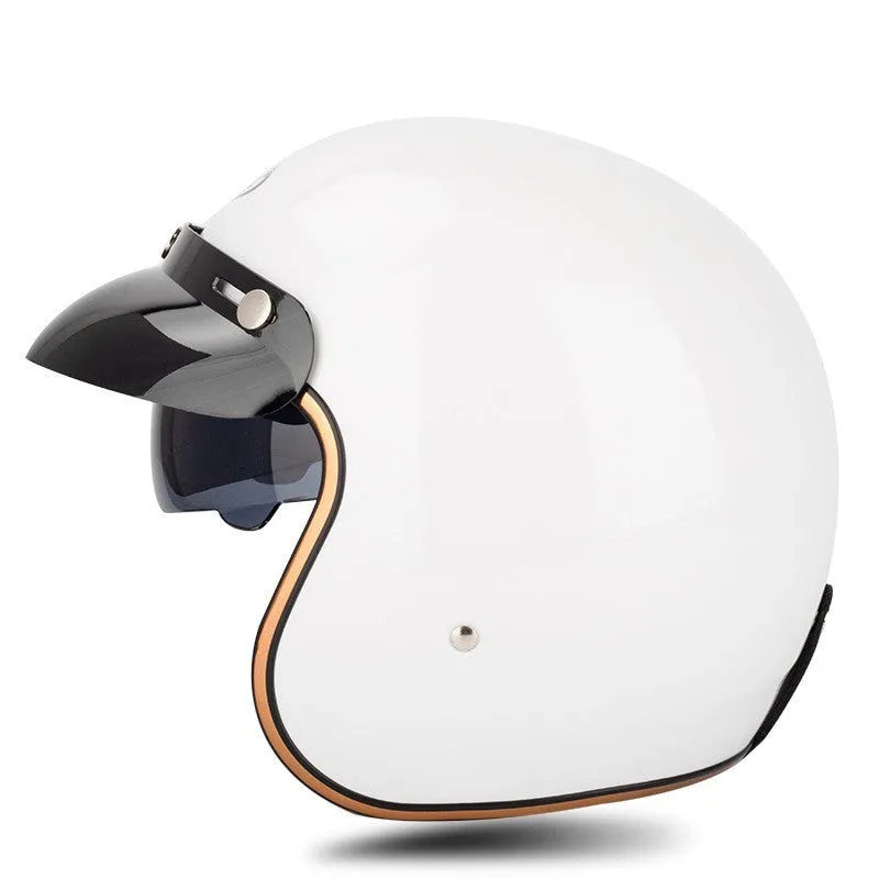 Retro outdoor half helmet for electric bike riding in ABS plastic, shown in multiple colours and sizes.
