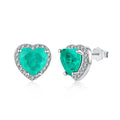 Green platinum 925 silver heart stud earrings on white background