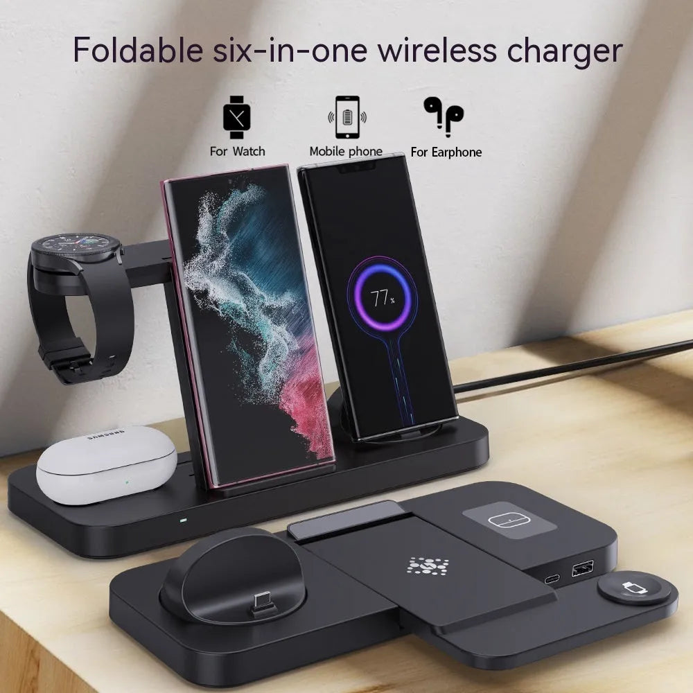 White three-in-one wireless charging station for mobile phone, headphones and smartwatch on a desk.