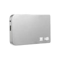 Metal-cased portable solid state hard drive with USB 3.0 cable in black, blue, red, or silver.