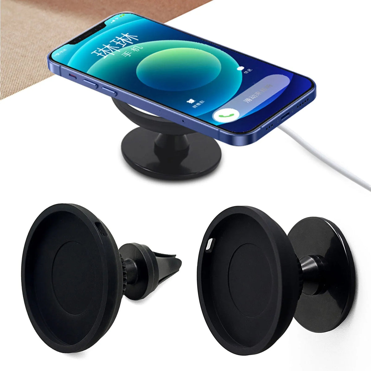 Black car mobile phone holder with magnetic charger for dashboard or air vent mounting