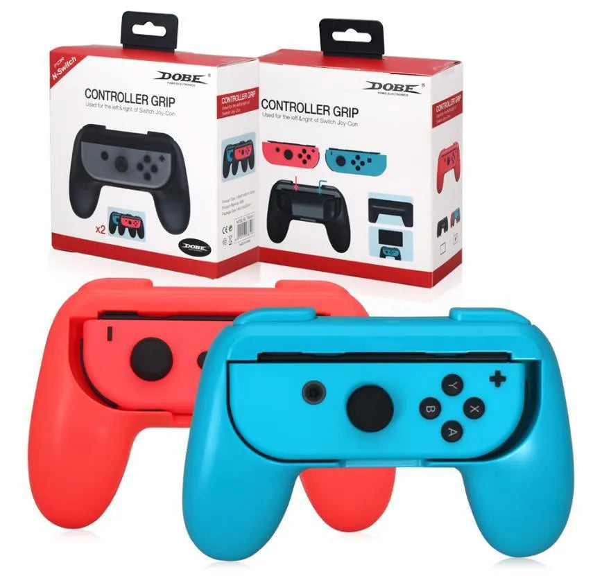 Small ABS Joy-Con grip handles for Nintendo Switch left and right controllers, shown in black and red blue.