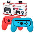 Small ABS Joy-Con grip handles for Nintendo Switch left and right controllers, shown in black and red blue.