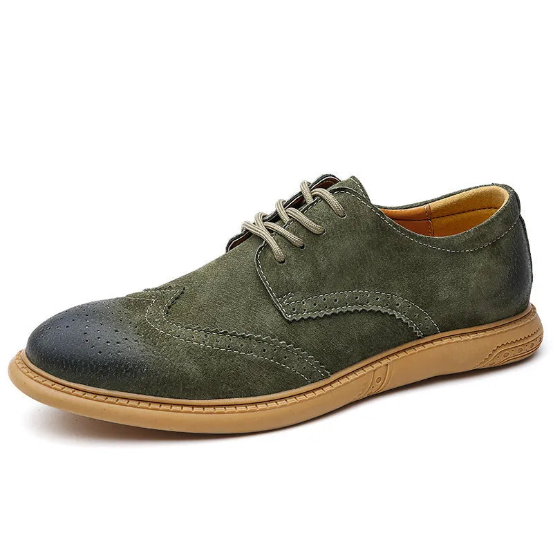 Men's low-top lace-up business shoes in genuine cowhide leather, shown in grey, sand, black, and green colour options.