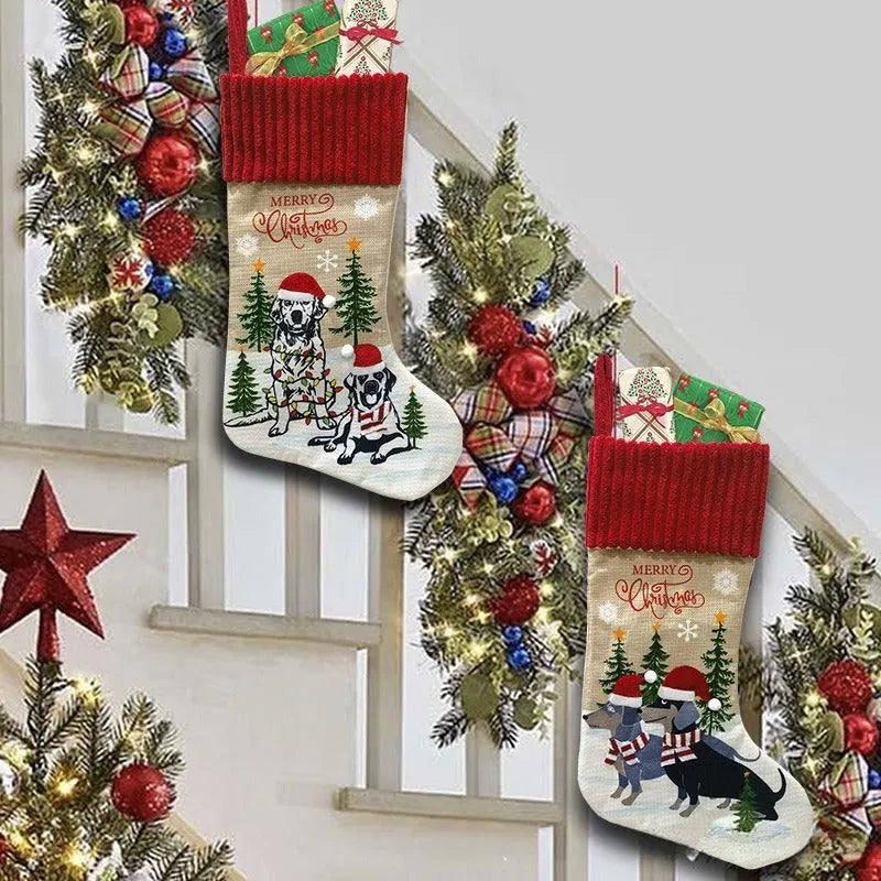Large cloth Christmas tree hanging ornament with cat and dog silhouette design measuring 46 by 28 centimetres.
