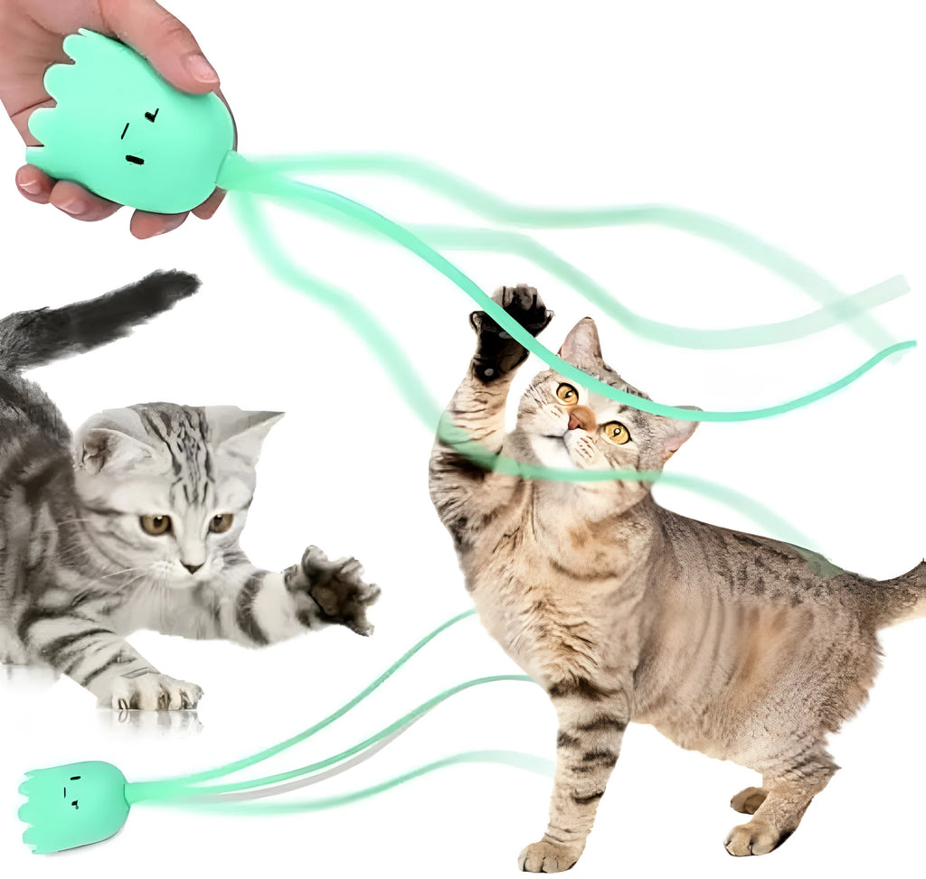 Green interactive cat toy with electronic wand and swinging silicone tails for indoor cats