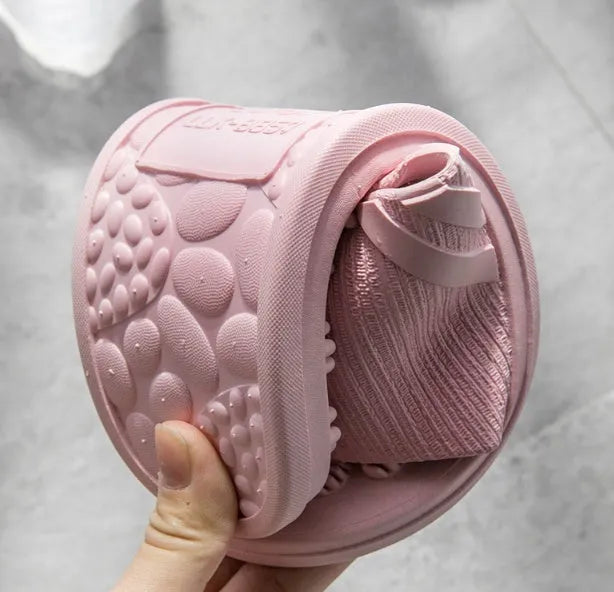 Reflexology acupressure slippers in EVA material with 3D massage particles, available in blue, grey, light blue, pink, purple