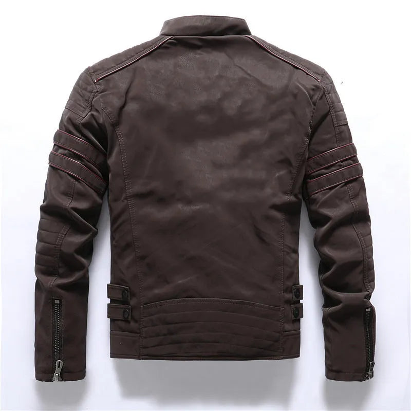 Men's vintage washed PU leather jacket with stand-up collar and zipper pockets, shown in army green