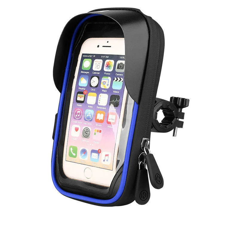 Black waterproof bicycle phone holder with clear touch screen mounted on handlebars.