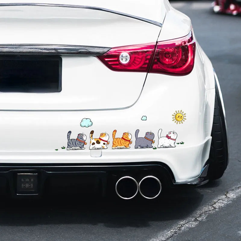 PVC waterproof car sticker showing five walking cats design for vehicle personalisation in multiple sizes