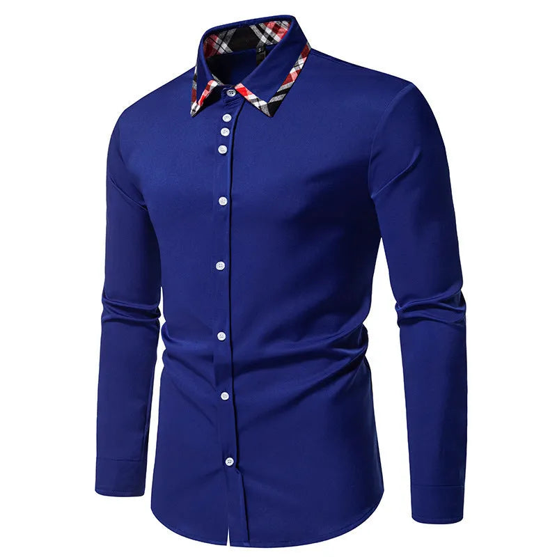 Man wearing a blue plaid long sleeve shirt with a triangle collar, cardigan style.