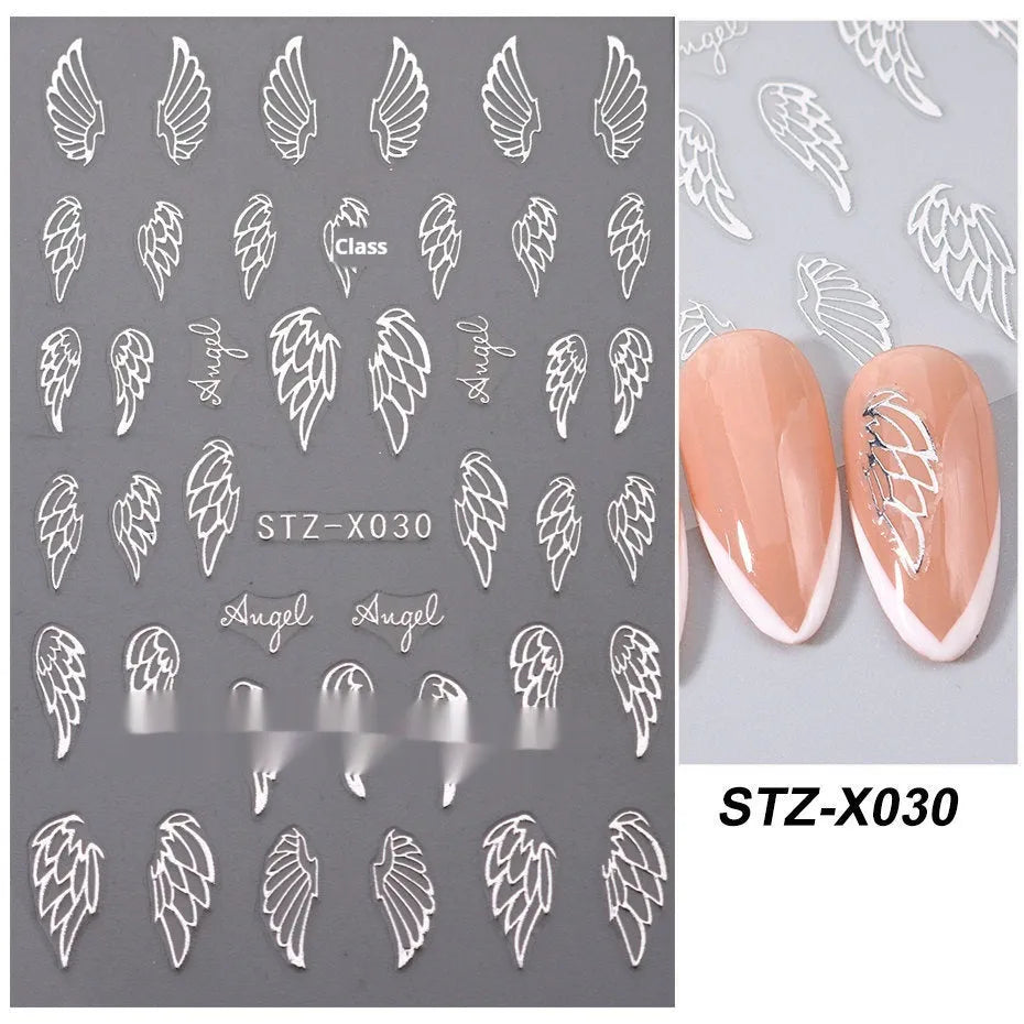 Cartoon-themed nail art sticker sheet with black and silver strip patterns and love motifs