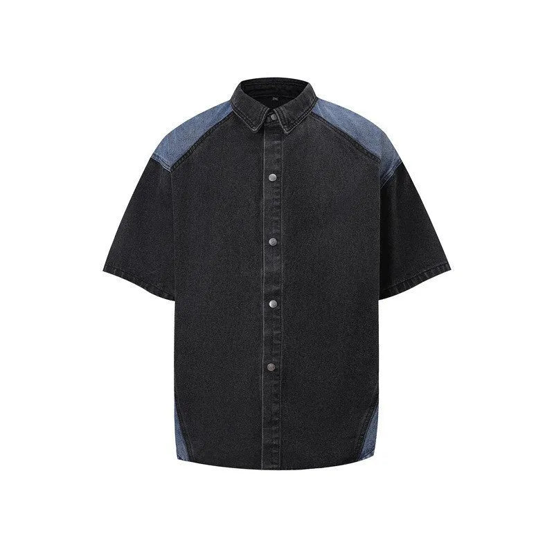 Retro washed denim suit set with short sleeve shirt and matching trousers in black or blue colour