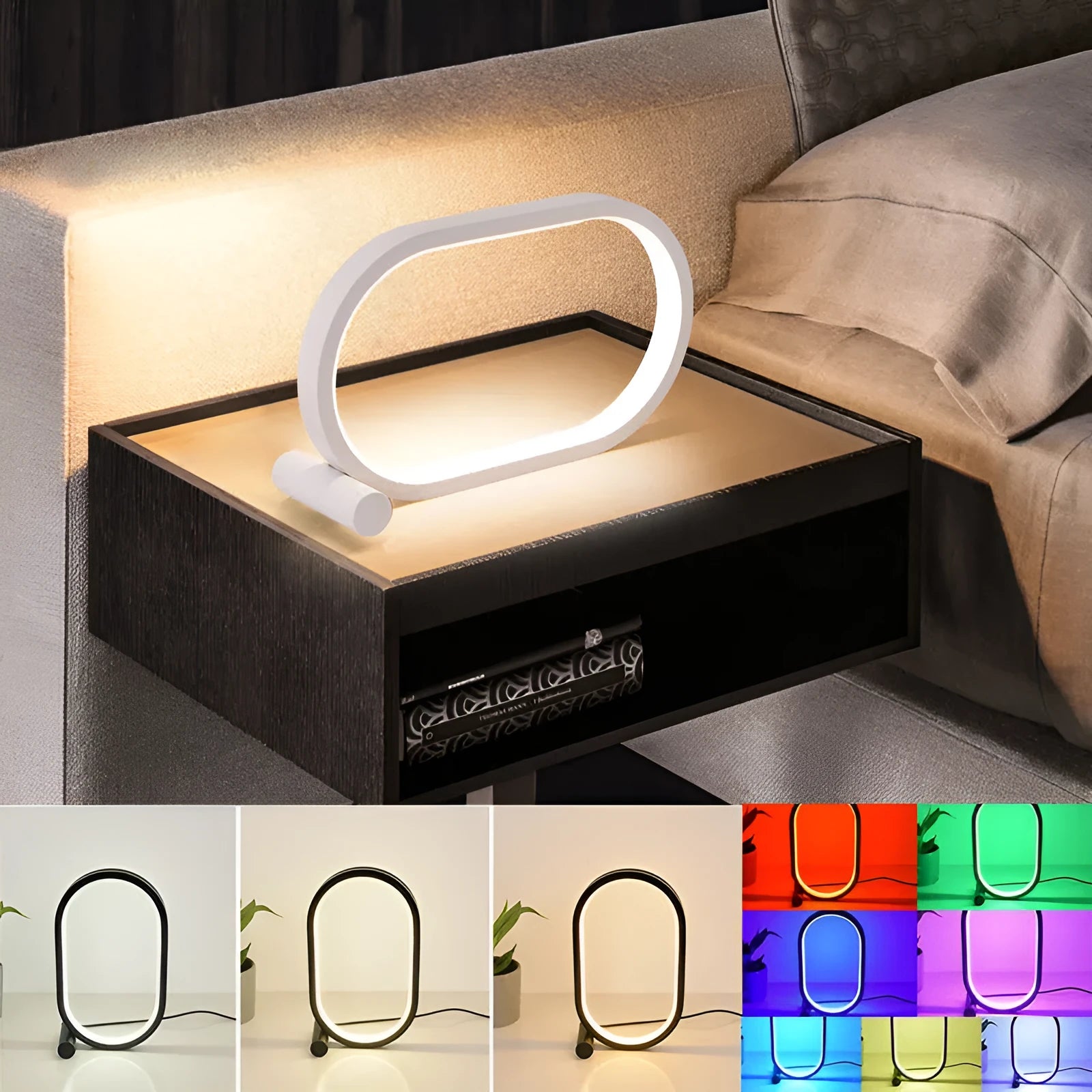 USB plug-in oval acrylic touch control night light with metal base, black finish, on a bedside table