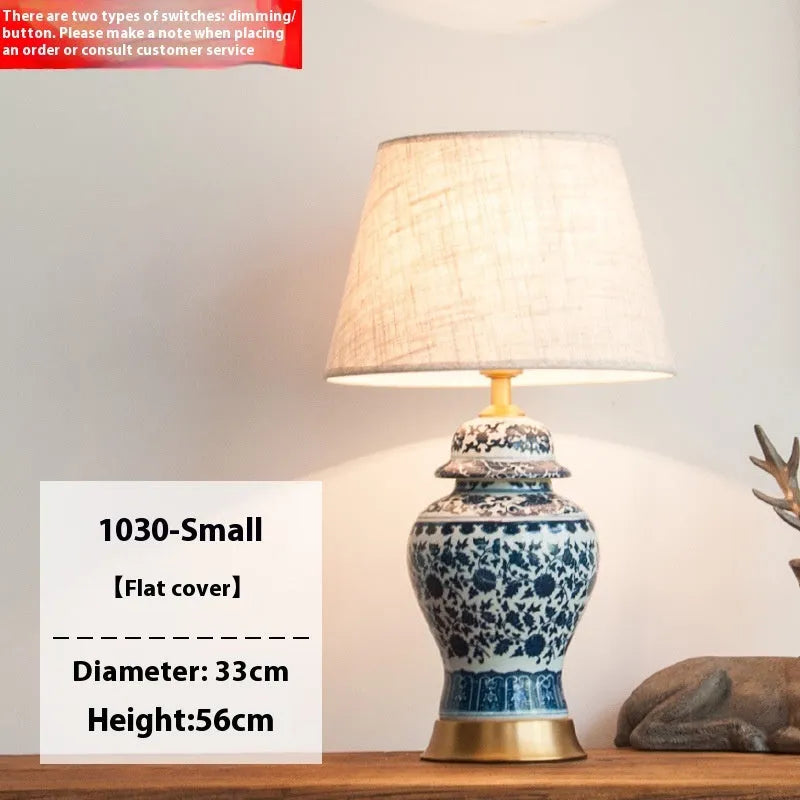 Blue and white Chinese porcelain table lamp with handmade ceramic base and fabric shade