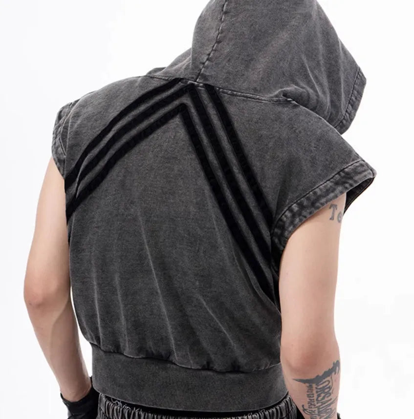 Korean style hooded sleeveless vest and trousers set with washed and worn stitching fur in black and grey