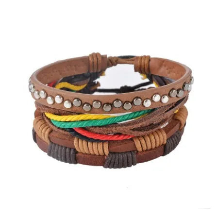 Handwoven leather bracelet with wooden beads on adjustable multi-strand design
