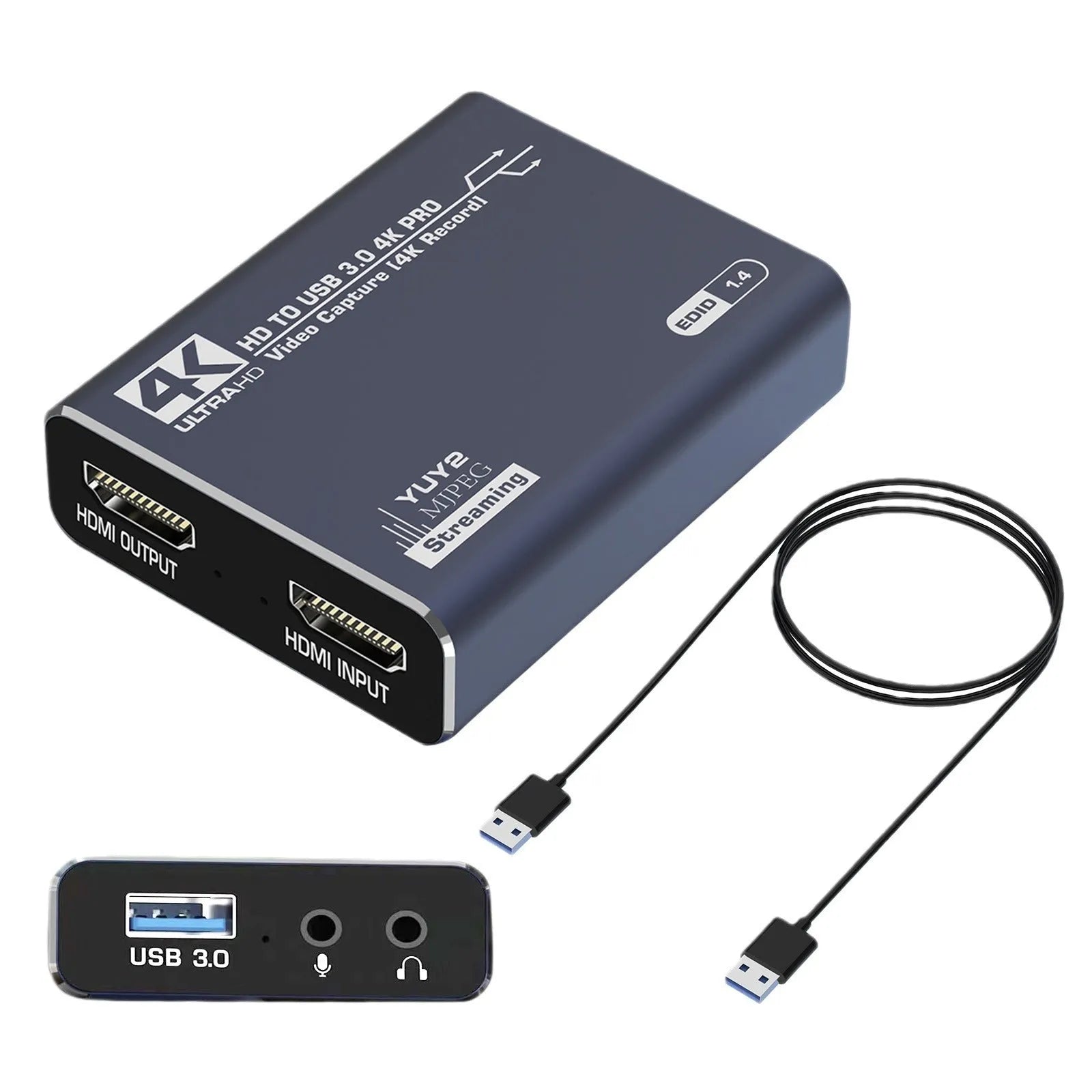 Black 4K HDMI gaming capture box with MS2131 chipset for audio recording