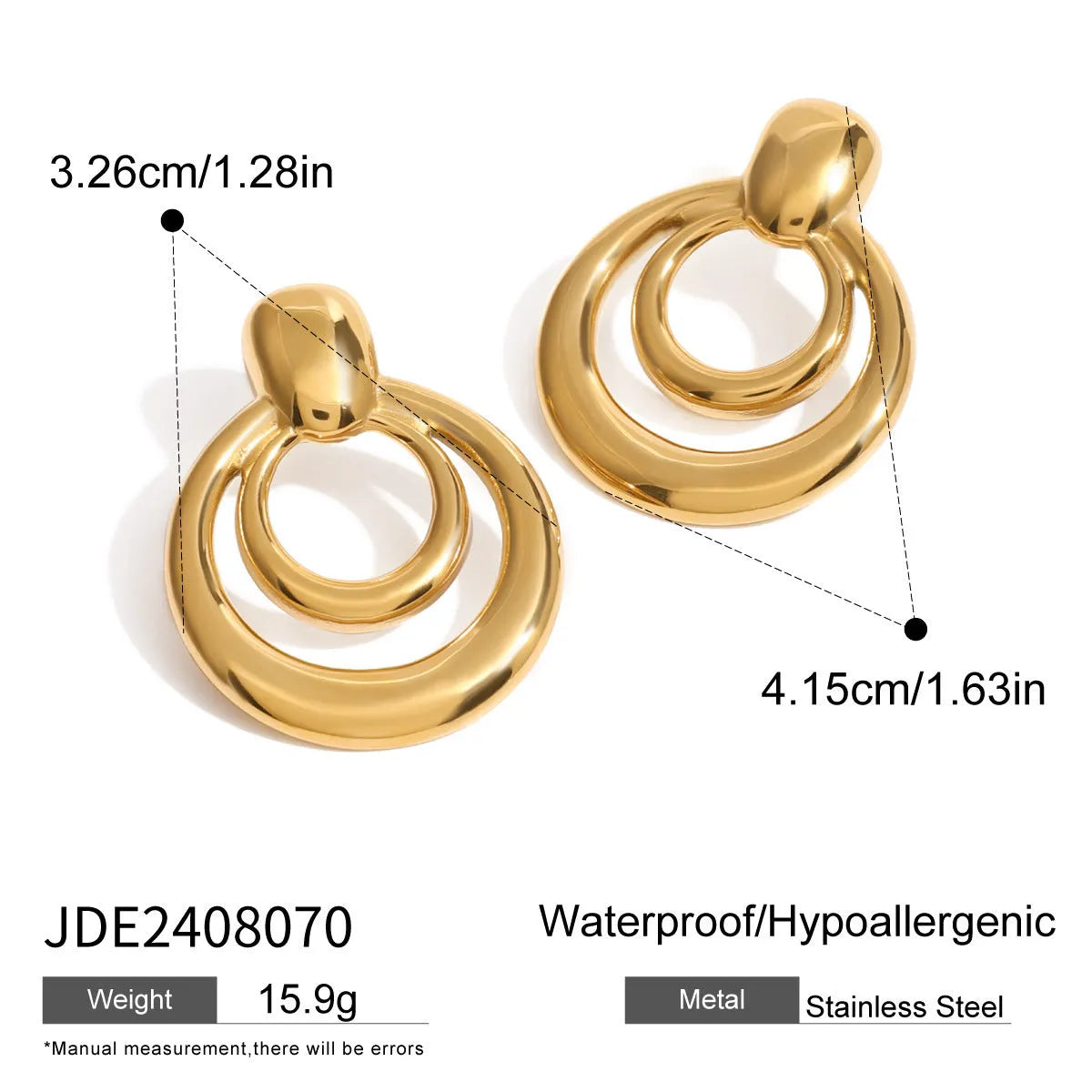 Round golden double-layer hollow stud earrings with geometric design and electroplated finish