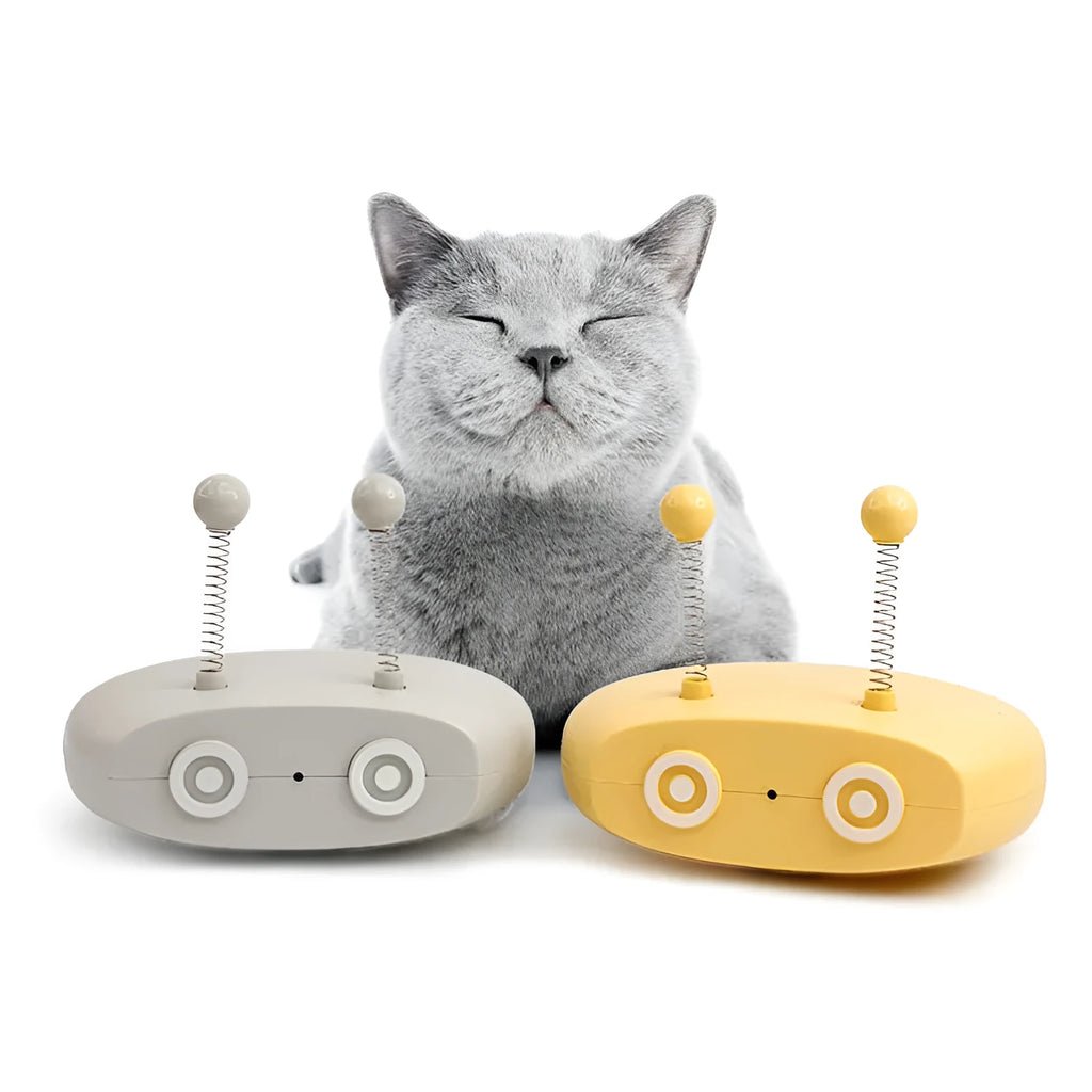 Electric cat interactive toy robot with blue body, wagging tail, and front pointer cat toy
