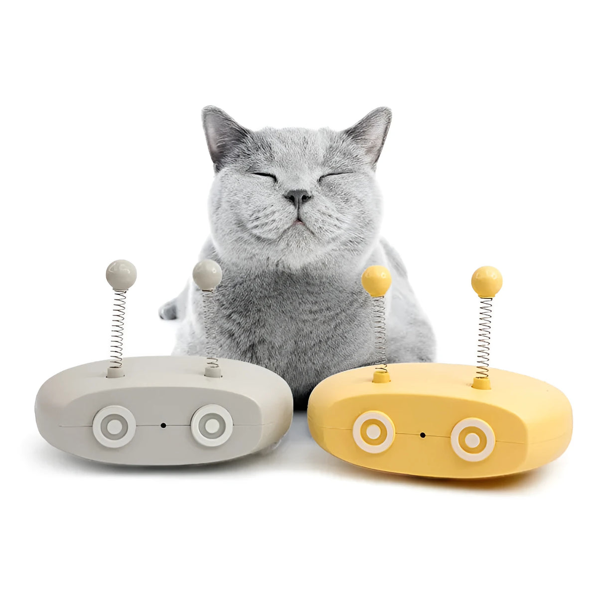 Electric cat interactive toy robot with blue body, wagging tail, and front pointer cat toy
