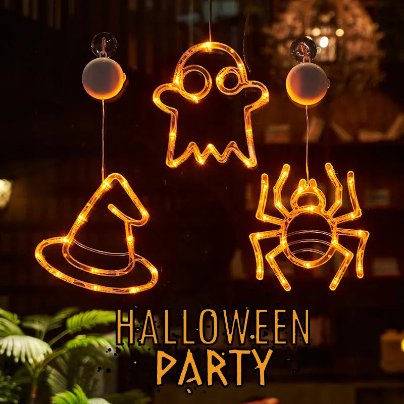 Seven Halloween themed battery-operated LED hanging lights with spider, pumpkin and ghost designs