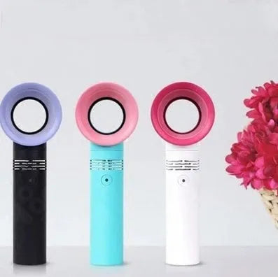A compact USB rechargeable bladeless portable fan in various colours on its base.