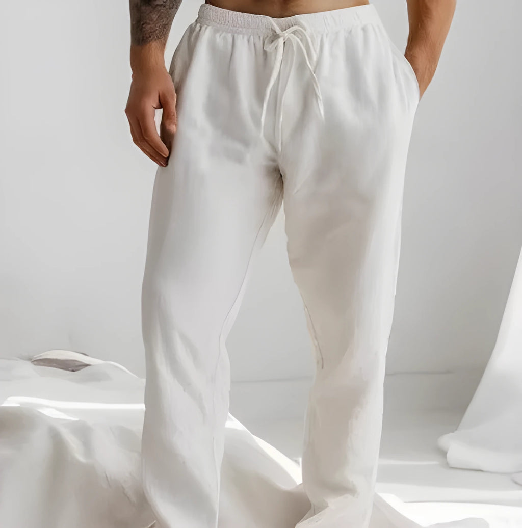 Men's light grey summer trousers with an elastic drawstring waistband and straight-leg loose fit