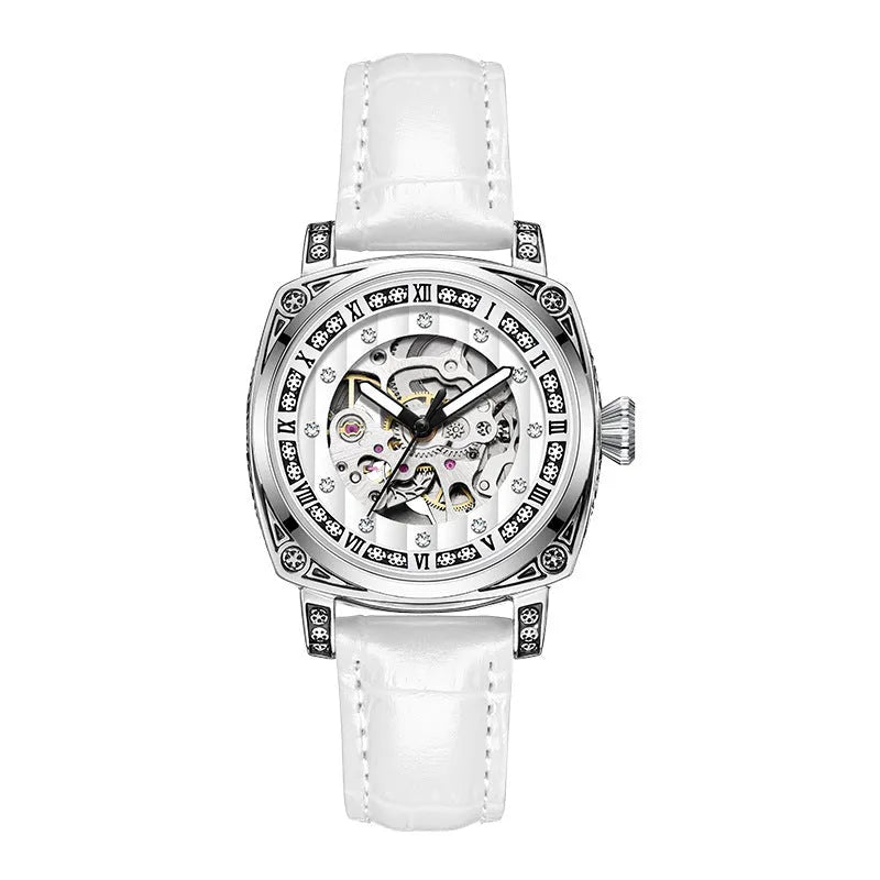 Mechanical analogue watch with luminous hands and a leather strap, shown in multiple colour options.
