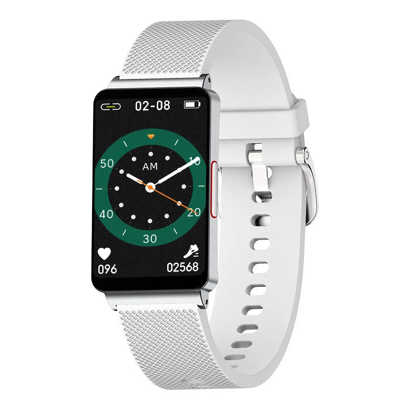 Black, gold, and silver EP08 smart bracelet for Android with touch screen and magnetic USB charger.