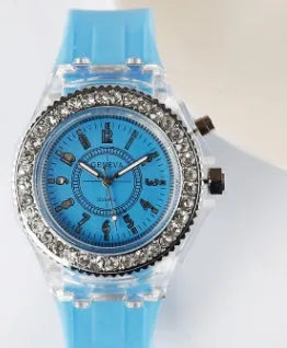Geneva women's quartz watch with luminous LED display on silicone strap in multiple colours