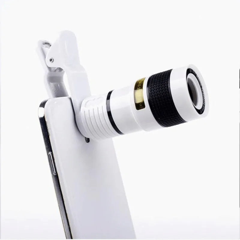 12X magnification phone telephoto lens with universal smartphone clip and cleaning cloth