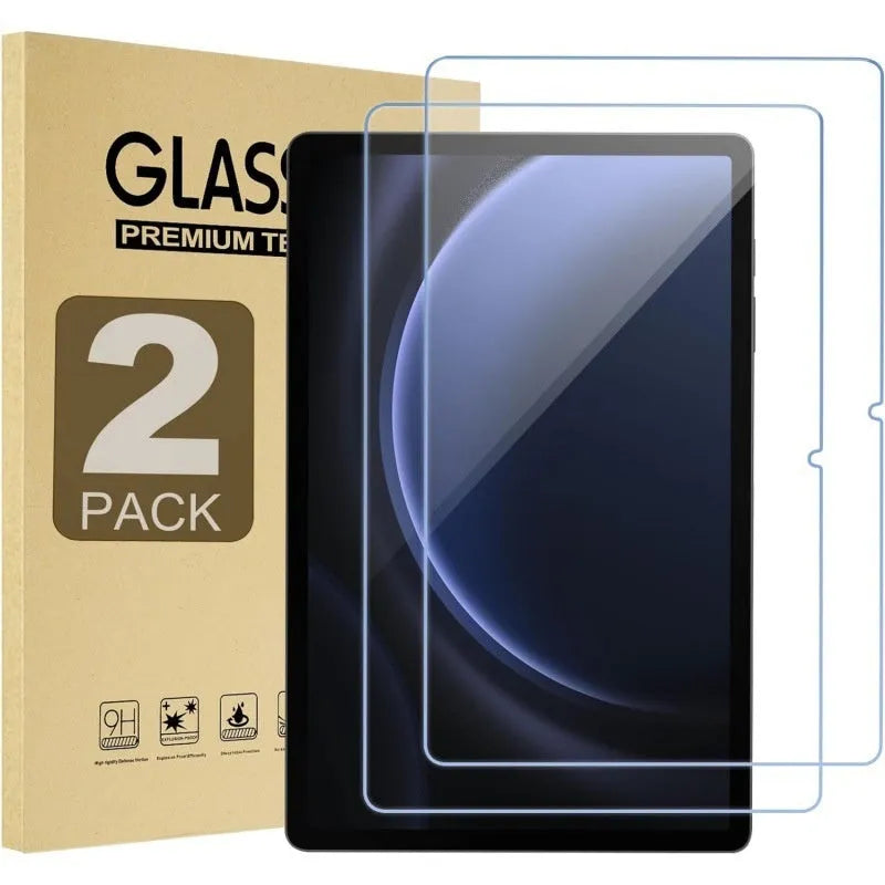 Samsung Galaxy tablet with HD tempered glass screen protector showing clarity and full coverage.