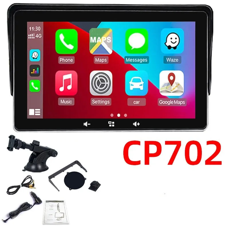 7-inch universal wireless CarPlay display screen with suction cup mount and cigarette lighter power cable.
