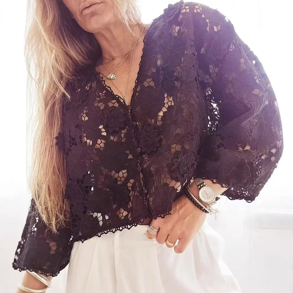 Women's loose fit V-neck lace cardigan with three-dimensional flower embroidery in black