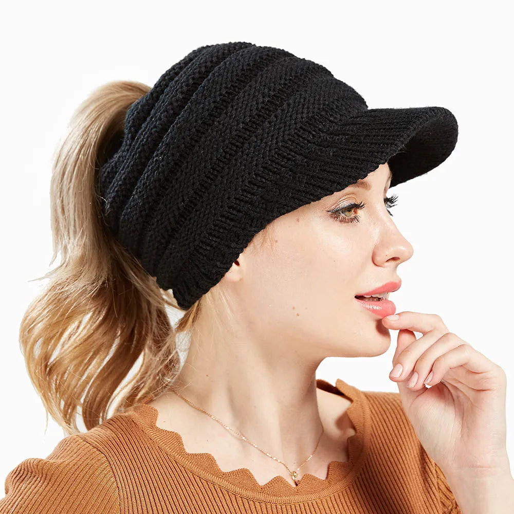 Women's acrylic ponytail beanie hat with hair opening in multiple colour options