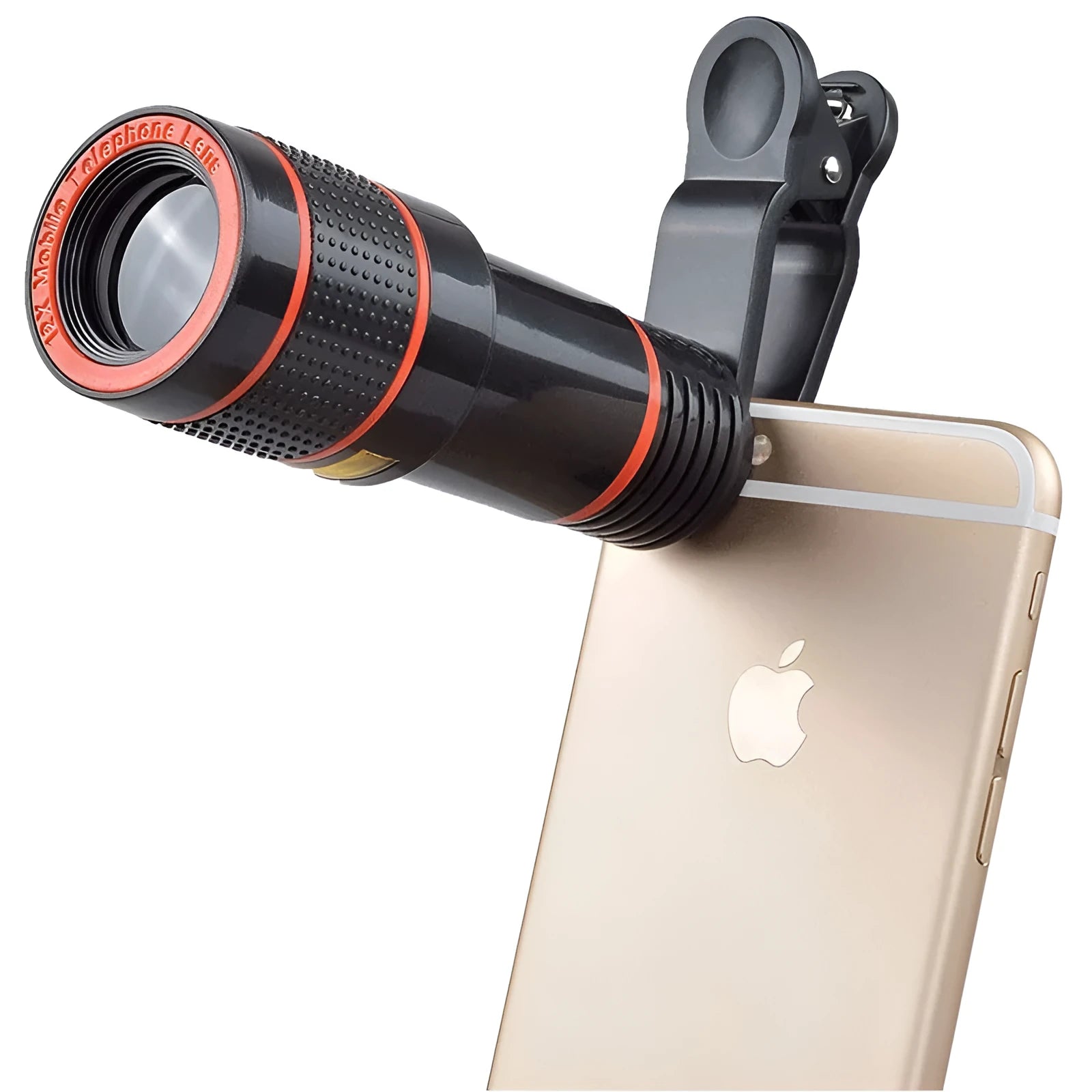 12X magnification phone telescope lens with mounting clip on a mobile phone