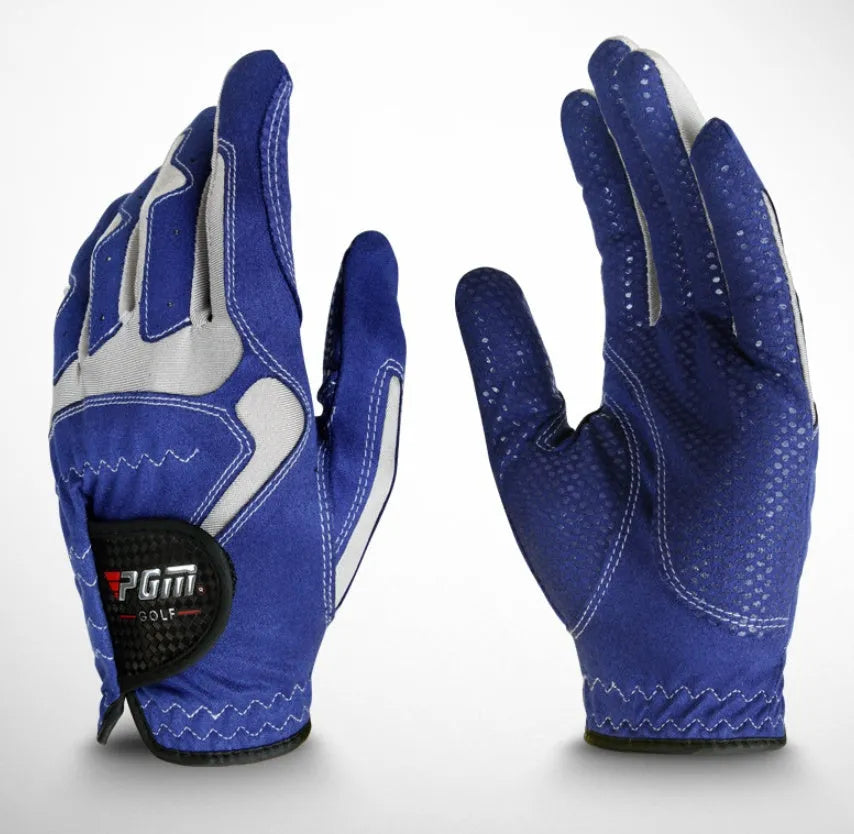 Blue golf microfiber glove with split fingers and anti-skid particles