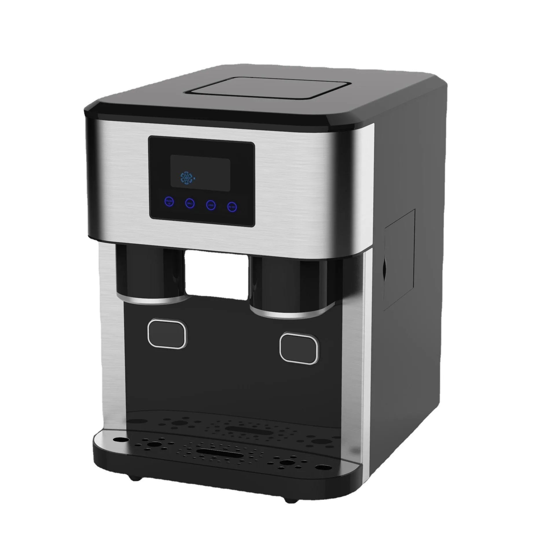 Black desktop ice maker with stainless steel accents on a kitchen countertop