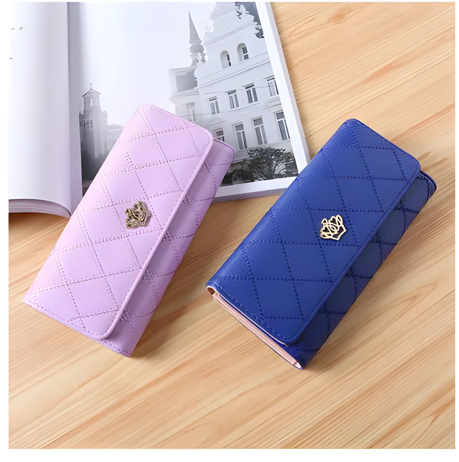 Women's embroidered crown wallet with cross pattern and draw buckle in PU leather, square cross-section