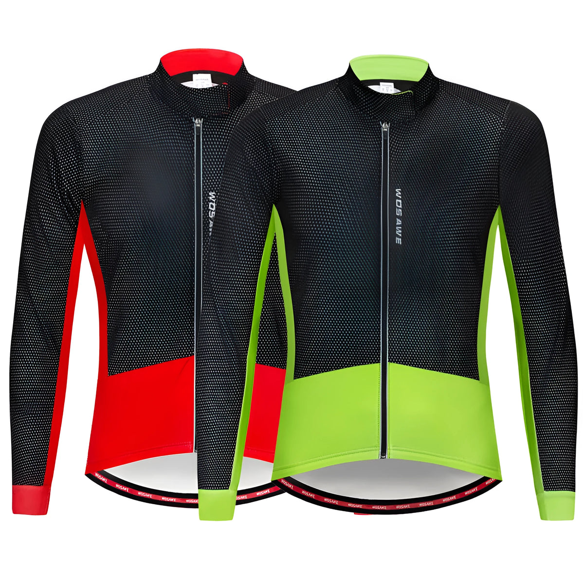 Unisex fleece cycling jacket in black green or black red, 100% polyester, autumn winter warm bike top, sizes S to XXL