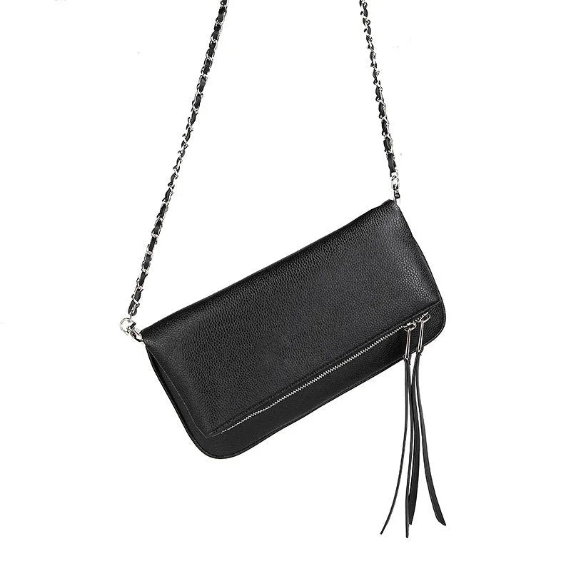Women's black chain folding clutch shoulder bag with shell shape and crossbody strap